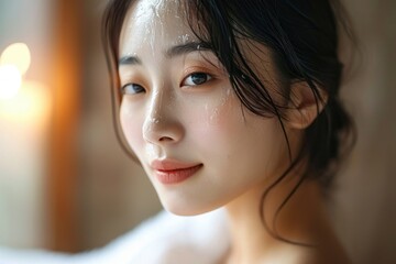 Naklejka premium リラックスしているアジア人女性の美容イメージ（スキンケア・ボディケア・エステサロン）, Generative AI
