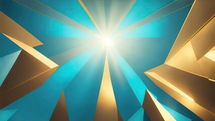 Cyan and Golden light rays with geometric shapes Background