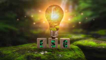 light bulb with words ESG on wood cubes concept for environmental, social, and governance in sustainable and ethical business on the Network connection on a green background