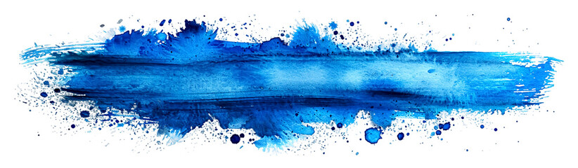 Vibrant blue paint stroke with dynamic splatters, isolated on transparent or white background - obrazy, fototapety, plakaty