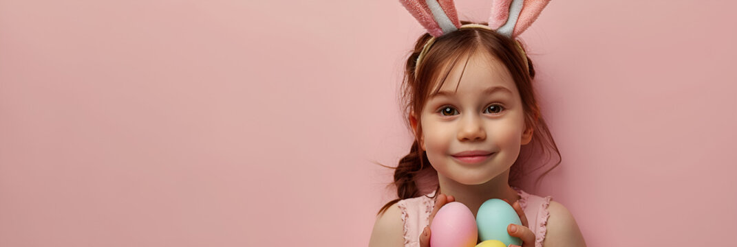 Bunny-themed Easter banner, happy kid, egg decorating, family joy