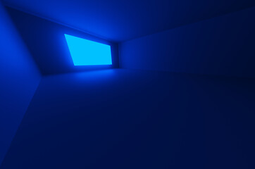 Side view full frame of empty room with blue neon display. 3d rendering illustration.