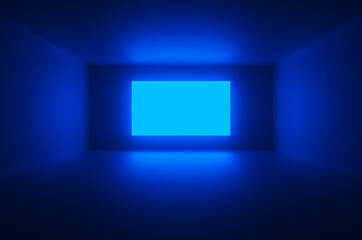 Front view full frame of empty room with blue neon display. 3d rendering illustration.