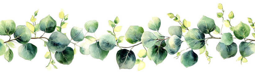 Watercolor illustration of eucalyptus branches with lush green leaves spanning across, isolated on transparent or white background