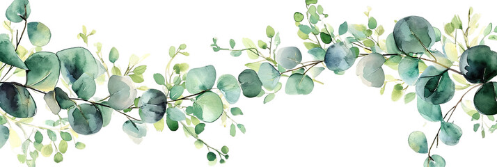 Watercolor illustration of eucalyptus branches with lush green leaves spanning across, isolated on transparent or white background - obrazy, fototapety, plakaty