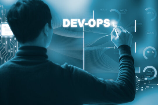 DevOps software development and IT operations, software engineer, project manager working in agile methodology, dev ops icon and javascript. Development Operations programming technology concept