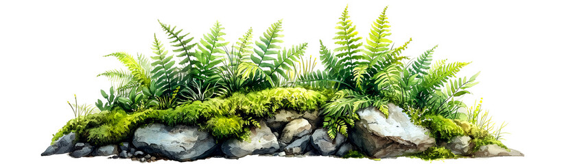 Watercolor painting of lush green ferns and foliage on the rock, showcasing vibrant diversity against, isolated on transparent or white background