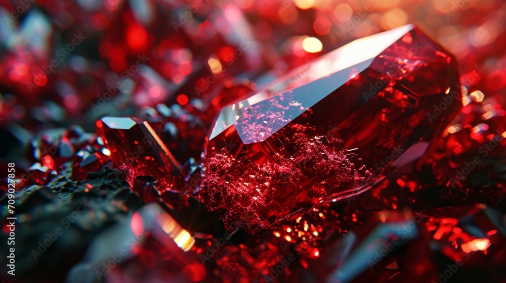 Poster a deep garnet red crystal faceted texture in a 3d render, resembling a mysterious abyss.