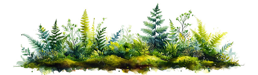 Watercolor painting of lush green ferns and foliage, showcasing vibrant diversity against, isolated on transparent or white background