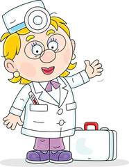 Funny doctor in a white hospital gown and a medical briefcase friendly smiling and waving in greeting, vector cartoon illustration isolated on a white background