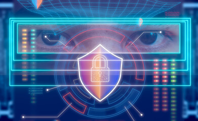 concept of cyber security human eyes looking at camera to scanning on vitual padlock screen for data access