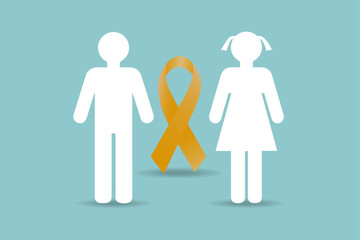 The concept of the International Day against Childhood Cancer with a white silhouette of a boy and a girl and a yellow ribbon. Vector illustration