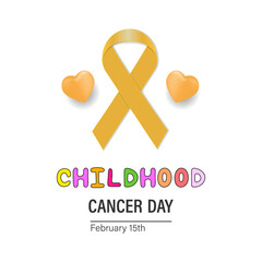 The concept of the International Day against Childhood Cancer with a yellow ribbon and hearts on a white background. Vector illustration