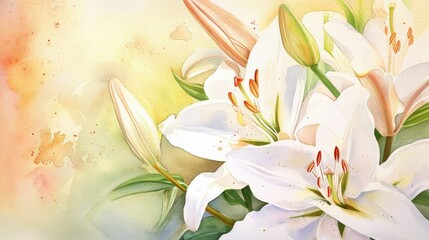 A blooming branch of  white lily flower background, watercolor, copy space.