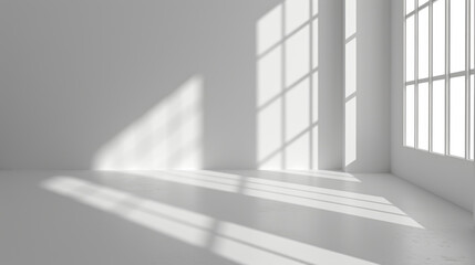 Fototapeta premium An empty, superflat light grey background with gentle light and shadows from windows, perfect for product presentations.Product Mockup