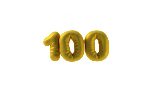 3D render of 100 numbers in the form of inflated golden foil balloons hanging in the air on white background, 4K animated holiday template