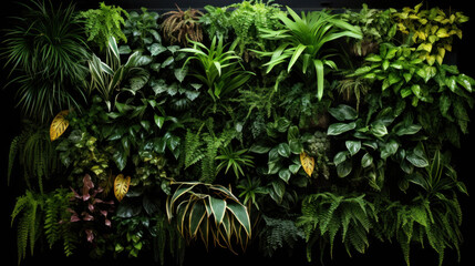 A lush vertical garden flourishes indoors, featuring a diverse array of green plants, creating a serene and natural environment.