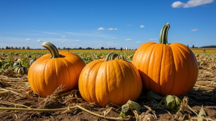A pumpkin, a big pumkin and a very big pumpkin in a field, blue sky, colorful 