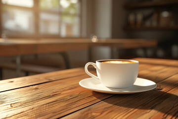 Obraz premium cup of coffee on wooden table in cafe