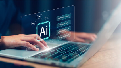Man using hand AI, Artificial Intelligence to generate content. Text to image, smart AI, by entering command prompt for generates something, Futuristic technology Business transformation.