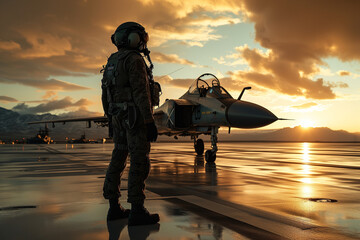 Military fighter pilot. Military pilot and aircraft at the airfield in mission standby mode. Military concept. sunset light