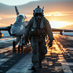 Military fighter pilot. Military pilot and aircraft at the airfield in mission standby mode. Military concept. sunset light