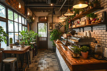 Fototapeta premium Modern interior of a coffee shop with a loft style in dark colors and a lot of plants. Coffee shop. Business concept.