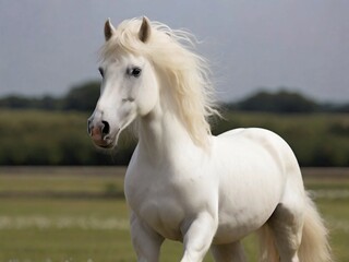 A white Frisian horse standing on a green background.