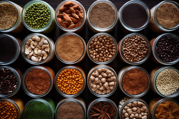 Top view of containers filled with a variety of grains and legumes. The organization and storage in a kitchen in containers. Generative AI