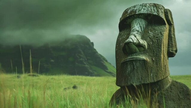 Easter island. Mysterious stone in shape of face. Ancient rock statue. Nature park. Old historical monument. Human head sculpture. History concept.