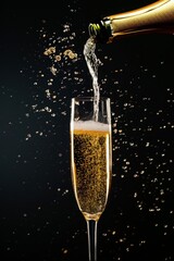 Champagne pouring into a glass with splashes on a black background