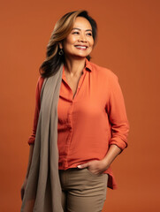 Portrait of a filipino woman in her 60s standing against an orange background and smiling confidently