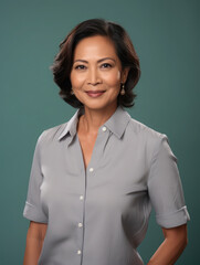 Studio portrait of a middle-aged filipino woman on a neutral background. Confident professional photoshot. 