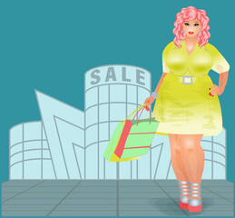 XXL woman with shopping bags, vector illustration