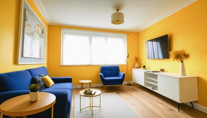 The interior design of a modern room, the walls are painted in yellow and blue tones, the furniture is yellow and blue