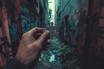 Puzzle piece in human hand, vintage tone. Selective focus. A conceptual image featuring a person holding a puzzle piece that perfectly fits into a mundane, trivial scene. 