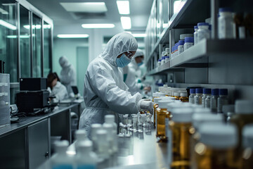 Naklejka premium Young scientists conduct research in a medical laboratory, a researcher uses a microscope. Laboratory research concept. Biochemical Research Group. Scientist doing tests