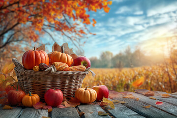 Thanksgiving basket with pumpkins and various vegetables against the backdrop of mountains and forest. Thanksgiving giving concept