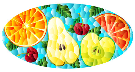 An illustration in the style of a stained glass window with juicy fruits and berries, on a blue background