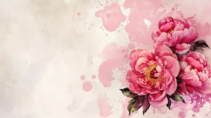 Pink flowers peonies on a watercolor background, space for greeting text.