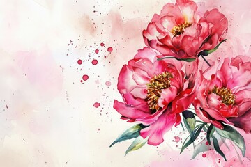 Pink flowers peonies on a watercolor background, space for greeting text.