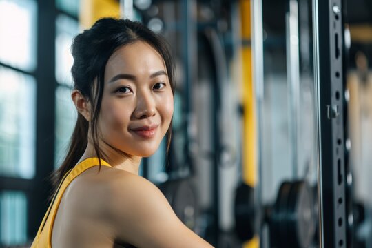 happy and fit Asian woman in the gym, positivity dedication to a healthy lifestyle. confident and energetic