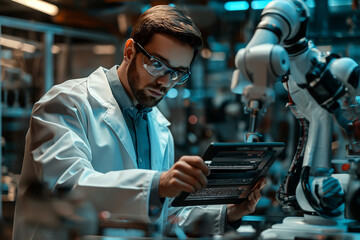 Machine learning. A scientist uses a tablet computer to control and program a robot. Introduction of a microchip. The specialist interacts with the robot at the research stage.