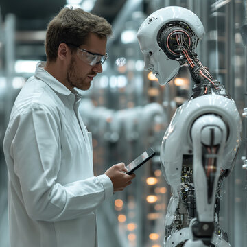 Machine learning. A scientist uses a tablet computer to control and program a robot. Introduction of a microchip. The specialist interacts with the robot at the research stage.
