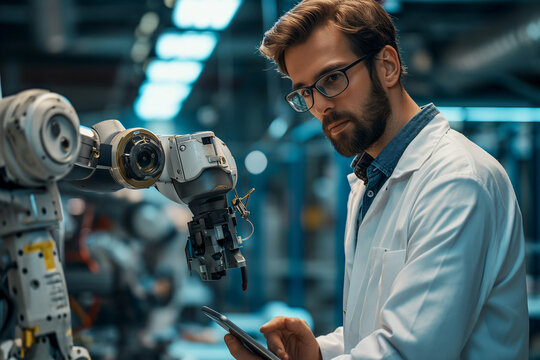 Machine learning. A scientist uses a tablet computer to control and program a robot. Introduction of a microchip. The specialist interacts with the robot at the research stage.