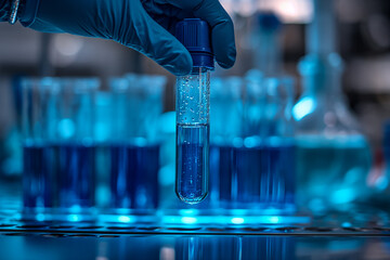 Blue liquid in a test tube in the laboratory. Close-up. Test tube with liquid in a woman's hand. Scientist's hand with test tube and flask in medical chemical laboratory. Place for text. Banner.