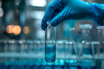 Blue liquid in a test tube in the laboratory. Close-up. Test tube with liquid in a woman's hand....