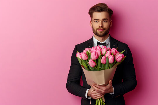 Young handsome man with a beautiful bouquet of flowers on a pink background. Concept for Valentine's Day, International Women's Day or Birthday. Holiday card. Place for text. Copy space.