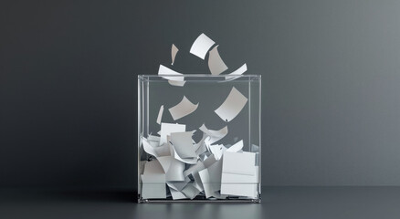 Transparent ballot box with falling ballots around it
