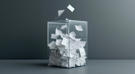 Transparent ballot box with falling ballots around it